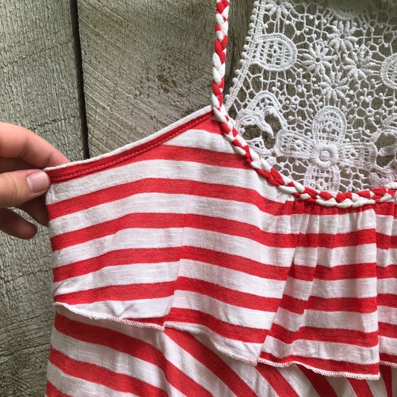 Mauve | coral striped top w/ ruffles and lace - Picture 4 of 5